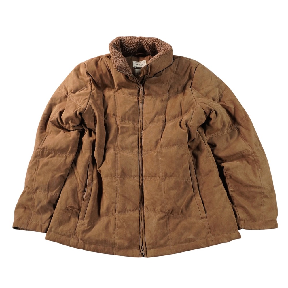 LL Bean Puffer Jacket Womens Large Brown Goose Down Insulated Faux Fur 0 GDD1